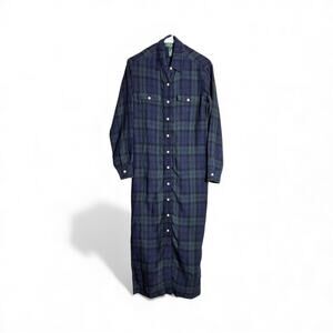 LRL Vintage Ralph Lauren Navy & Green Plaid Button Down Linen Dress Size 4P 0005